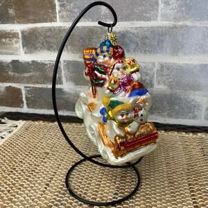 Vtg 2002 Christopher Radko Snowman Sledding "Family Outing" Glass Blown Ornament